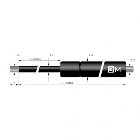 Muelle de gas con extremos roscados 8-18 (L205 - C80 - 550N)