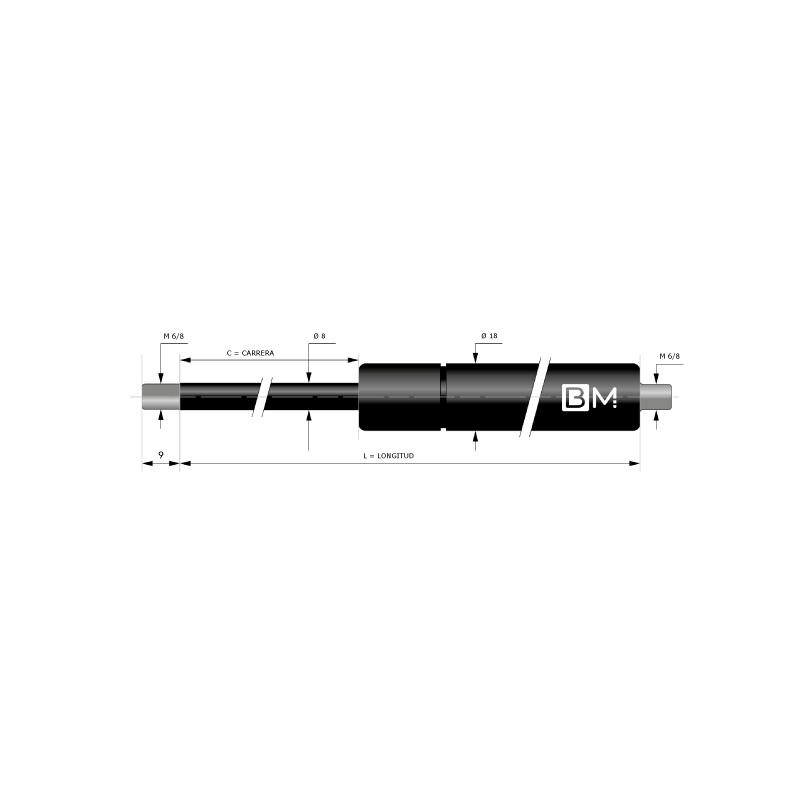 Muelle de gas con terminales roscados 8-18 (L545 - C250 - 50N)