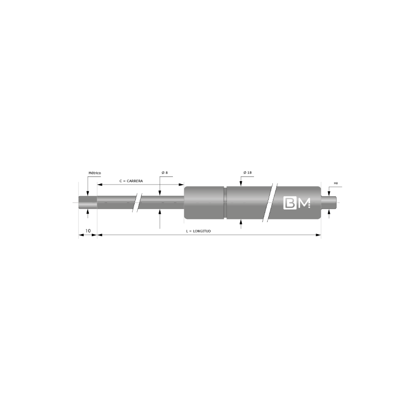 Muelle de gas de acero inoxidable 8-18 (L165 - C60 - 250N)